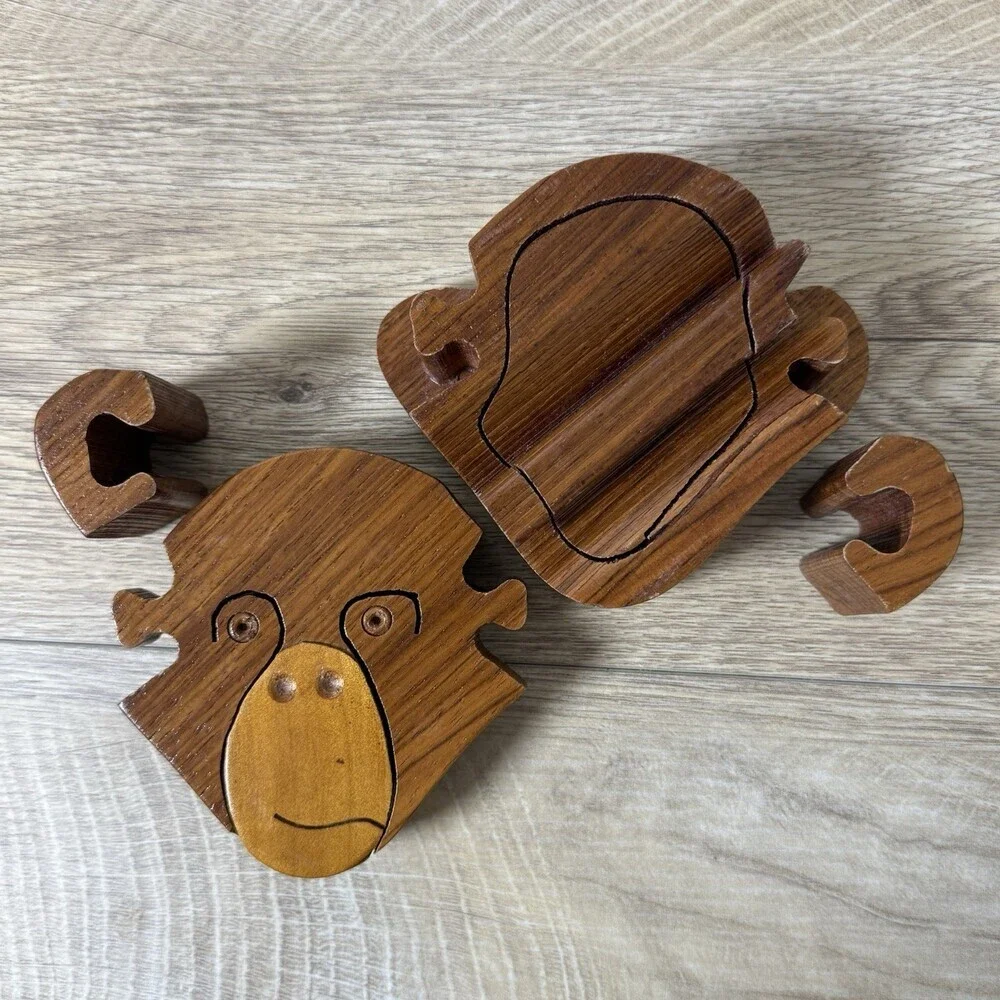 VTG Handcrafted Wooden Monkey Puzzle Trinket Box Teacher Gift Unique
